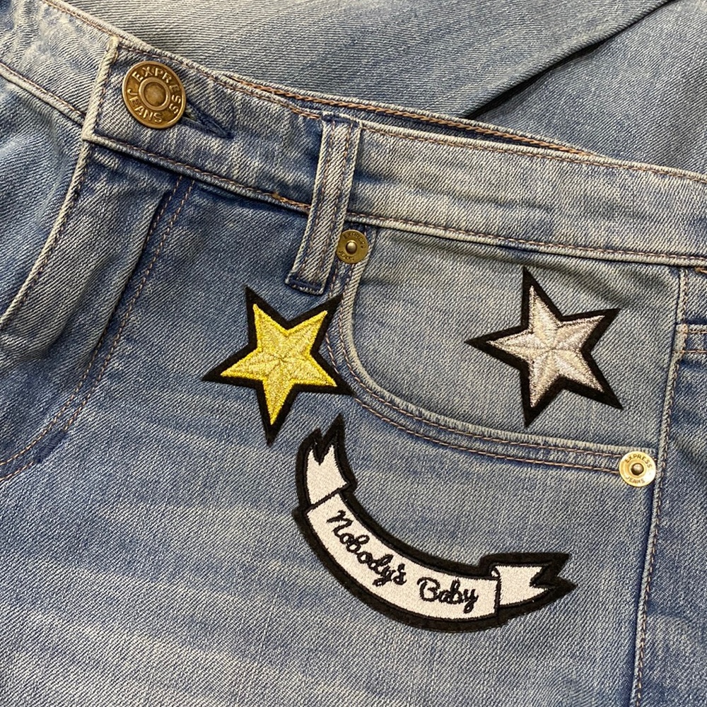 Express Distressed Patches Girlfriend Straight Leg Jeans